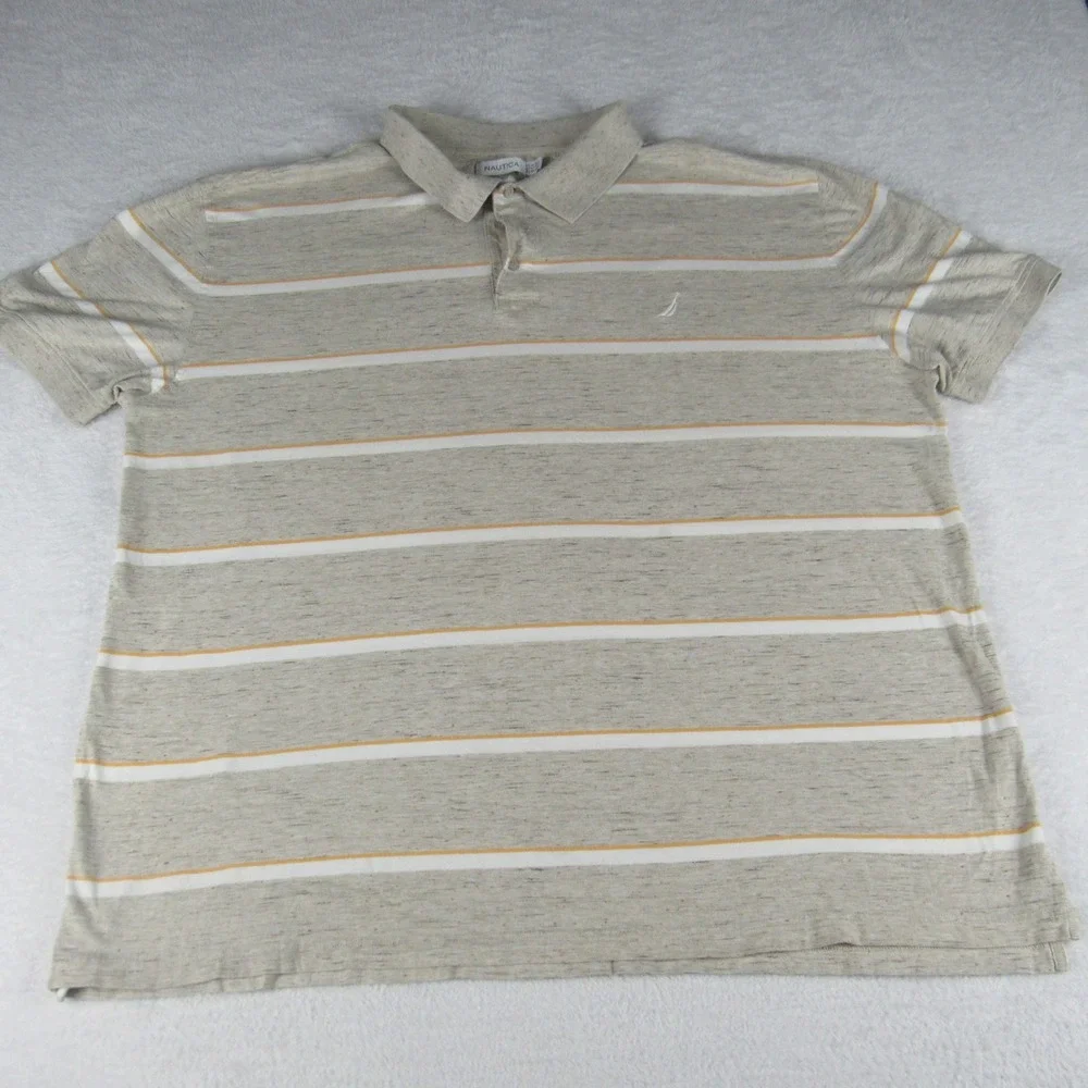 Nautica Polo Mens 3XL Tan Striped Excellent Short Sleeve‎ Cotton Shirt